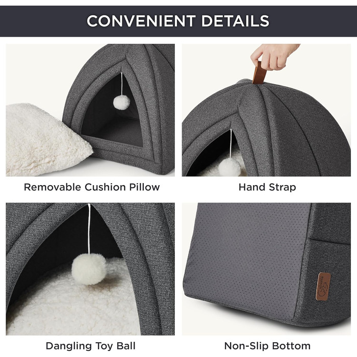 Ліжко для котів BEDSURE велике, 40x40x40 см. Затишне ліжко-будиночок для котів з м'якою подушкою Sherpa та іграшкою. Легко миється, колір - темно-сірий.