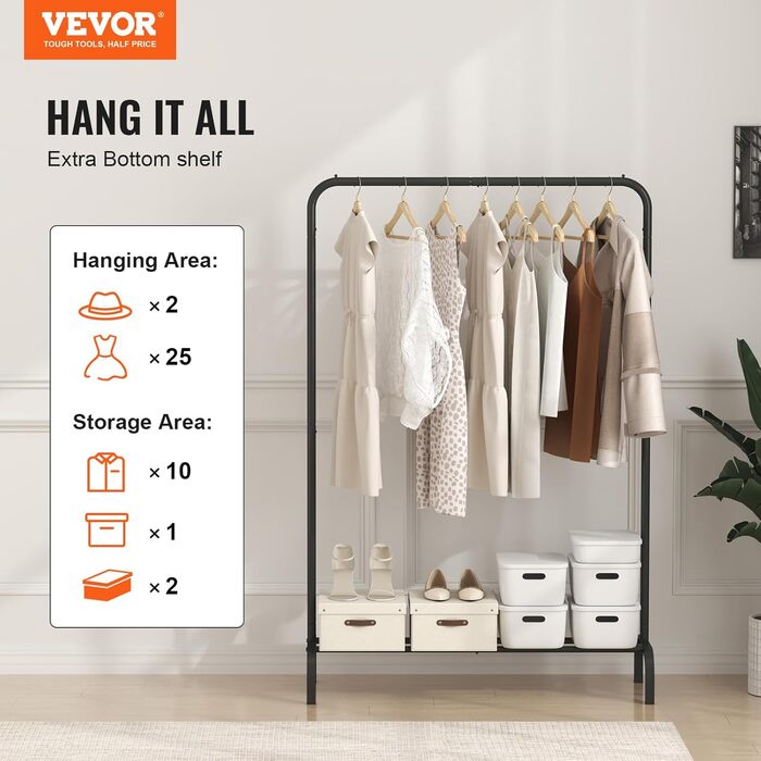 VEVOR Clothes Rack Wardrobe Rack 1 Clothes Rod, Durable Clothes Rack Black 400 x 1010 x 1510 mm Clothes Rack for Bedroom, Laundry Room, Dressing Room, Entrance, etc.
