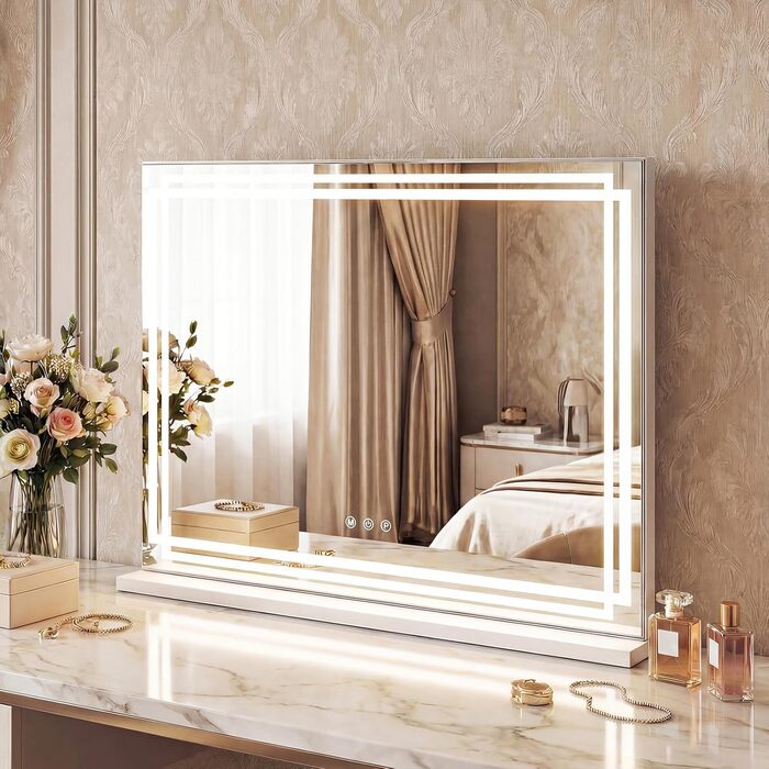 Дзеркало для макіяжу COSTWAY з підсвіткою, 3 режими світла, 5-кратне збільшення, сенсорне керування, поворотне на 360°, Голлівудське дзеркало (80 x 14 x 62 см)