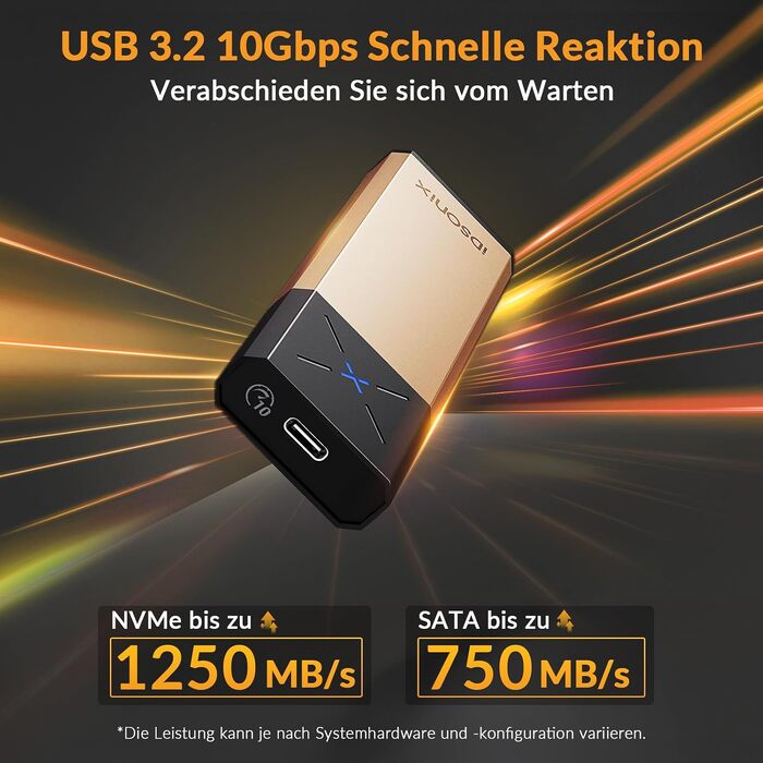 Зовнішній корпус-адаптер iDsonix M.2 NVMe та SATA SSD на USB 3.2 Gen 2 10Gbps, алюмінієвий, без інструментів, підтримка M-Key/B+M Key, UASP Trim, для SSD 2230/2242/2260/2280 (Золотистий)