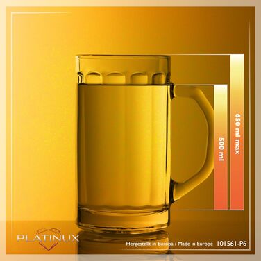 Набір скляних пивних кухлів PLATINUX Bierseidel з ручкою 6 шт. 300 мл (макс. 350 мл) для пива, прозорі, 0.3 л