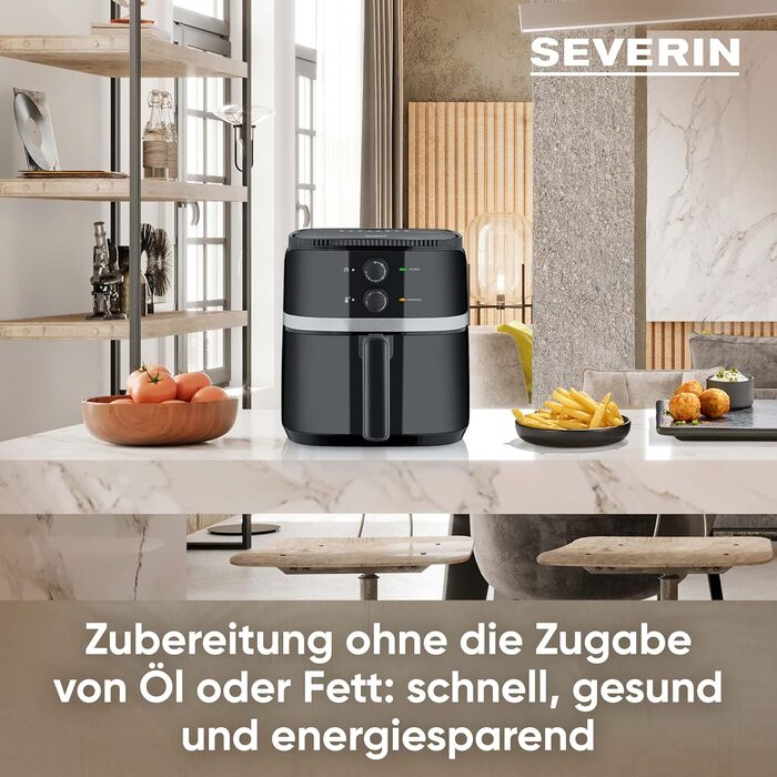 Аерофритюрниця SEVERIN FR 2452, 5 л, 1500 Вт, без жиру, антипригарна, чорна/срібляста, для здорового приготування