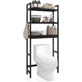 SMIBUY Toilet Shelf, Bamboo Toilet Rack, Adjustable Washing Machine Shelf, Bathroom Shelf with 3 Storage Layers, Space-Saving, Easy to Assemble (Black)