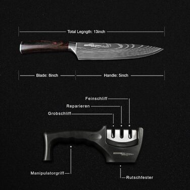 Набір кухонних ножів Universalkochmesser [Переможець тесту] - Нержавіюча сталь, з малюнком, з точилом, захистом пальців, в подарунковій коробці