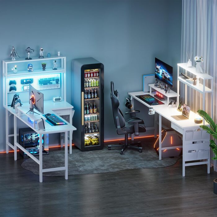 Ігровий стіл кутовий 150x100 см з 3 розетками та 2 USB, зворотний, з LED підсвічуванням, з ящиками та підставкою для монітора. Білий кутовий ігровий комп'ютерний стіл 170x100 см.