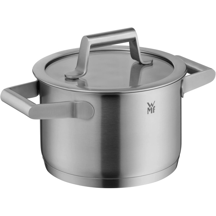 Набір каструль WMF Comfort Line для індукційних плит з кришкою з термоскла, Cromargan нержавіюча сталь, з мірною шкалою, з можливістю штабелювання, без антипригарного покриття. Включає каструлю для м'яса 16 см