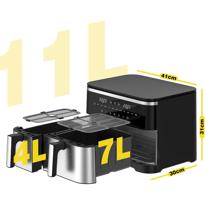 Фритюрниця повітряна подвійна 11л Airfryer, XXL фритюрниця з 2 кошиками, 7л/4л, для основного та гарніру одночасно, 2600W, 10 програм, сенсорний екран, нагадування про струшування