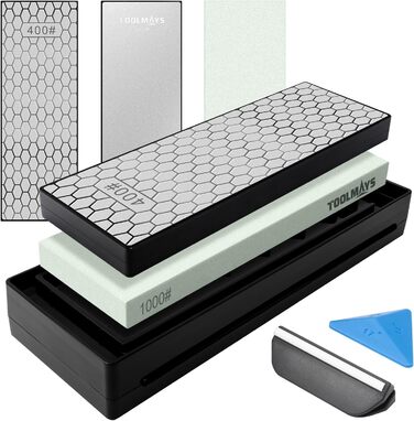 Набір для заточування ножів Schleifstein: зернистість 400/1000, підставка з бамбука, кутовий упор, двосторонній камінь, заточувальний камінь (діамантова зернистість 400/1200 з 1000#)