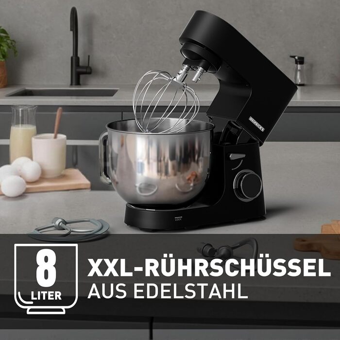 Кухонна машина Heinrichs 2500W з подвійним гаком для тіста, міксером та вінчиком, 8 швидкостей, чаша 8L з нержавіючої сталі, чорна