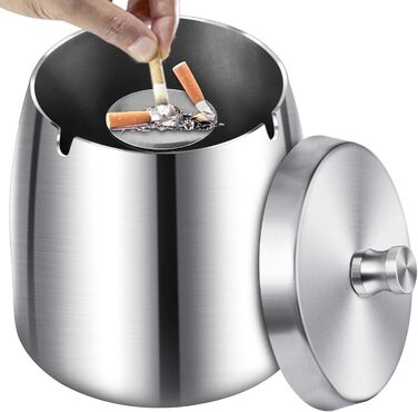 Нержавійна попільничка для вулиці та дому з кришкою, з антиковзною основою (срібна)
