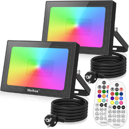 MEIHUA RGB LED Floodlights 2 Pack with Remote Control, IP66 Waterproof Outdoor Floodlight, 10 Colors, 12 Modes of Color Changing, Dimmable Floodlight for Indoor and Outdoor Use with Timer and Memory Function for Garden, Tree, Landscape (25W)