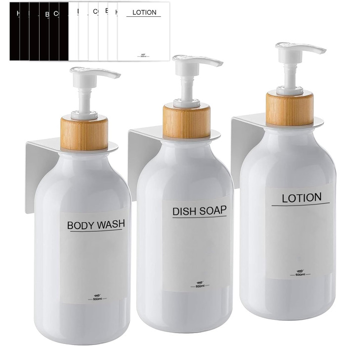 Wall-Mounted Soap Dispenser Set (No Drilling Required), 3-Pack 500ml Soap Dispenser, Wall Shampoo Dispenser, Shower Dispenser, Dish Soap Dispenser, Shampoo Dispenser for Kitchen, Bathroom (White)