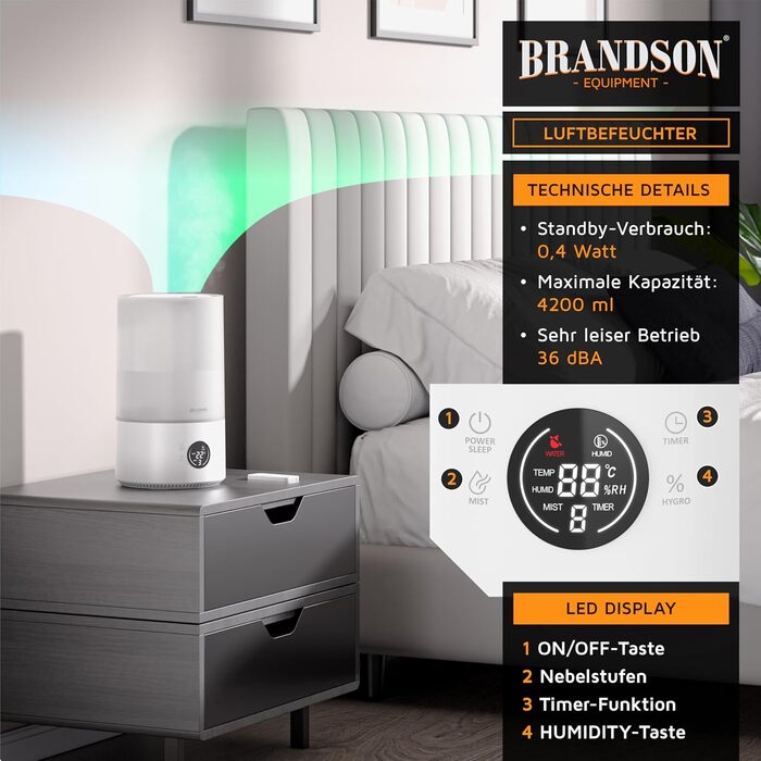 Зволожувач повітря Brandson з цифровим дисплеєм та пультом дистанційного керування, 4.2 л, таймер, 3 режими туману, тиха робота, функція Sleep, для спальні, дитячої кімнати, офісу