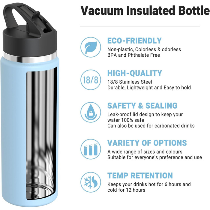 AORIN Stainless Steel Water Bottle, 500ml/750ml/1L Leak-Proof Water Bottle with Straw, BPA-Free Drinking Bottle for Kids, Vacuum-Insulated Thermos for Sports, School, Fitness, Outdoors
