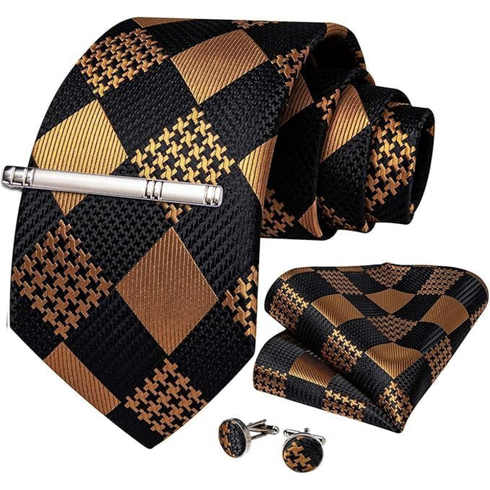 Чоловіча краватка DiBanGu з шовку, візерунок пає, квітковий принт, комплект: краватка, нагрудна хустинка, краватки-застібки, краваткова блискавка, класичний стиль, для весілля, свят, чорно-золота в клітинку