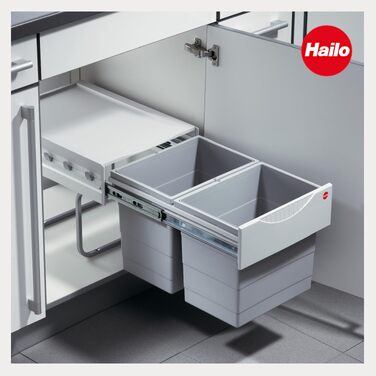 Система сортування сміття Hailo Raumspar-Tandem 364112, 2 контейнери по 18 л, для шаф від 40 см з розпашними дверцятами, світло-сірий пластик