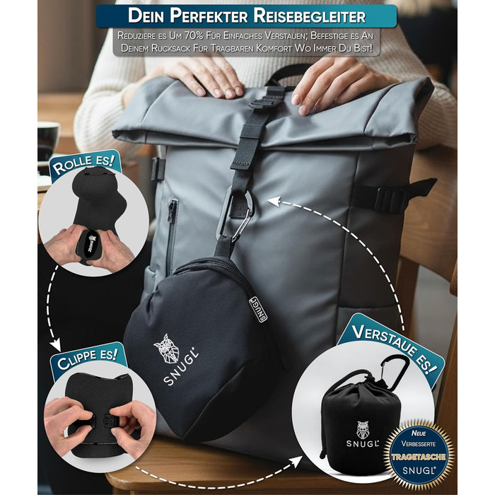 Подушка для шиї SNUGL з Memory Foam, регульована та миюча | Зручна подушка для подорожей на літаку, в авто та в дорогу | Подушка-шиїчкі SNUGL (Чорний, для дорослих)