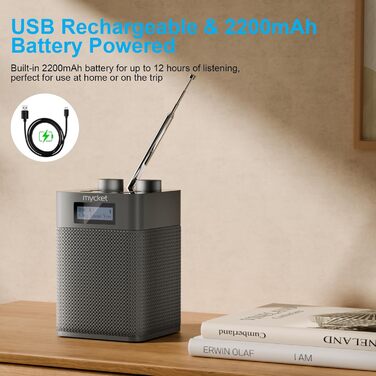 Портативне DAB/DAB+ радіо з цифровим UKW радіоприймачем, FM радіо з Bluetooth 5.0, USB, 80 попередніх станцій, LED дисплеєм сірого кольору