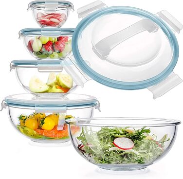 Luvan Glass Bowl Set with Lids, 5-Piece Glass Bowl Set (0.18L, 0.5L, 1.0L, 2.0L, 3.5L), Glass Salad Mixing Bowls Round, BPA-Free, for Cooking, Baking, Preparing, and Storage