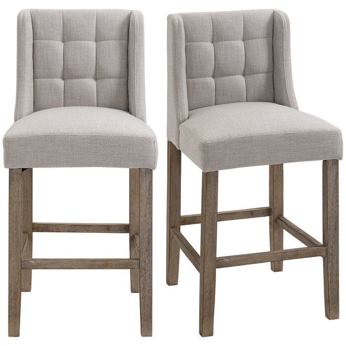 HOMCOM 2-Piece Bar Stool Set with Backrest, Upholstered Button-Tufted Bar Stools, Solid Wood, Includes Footrest, 47 cm x 50 cm x 101 cm, Grey + Natural