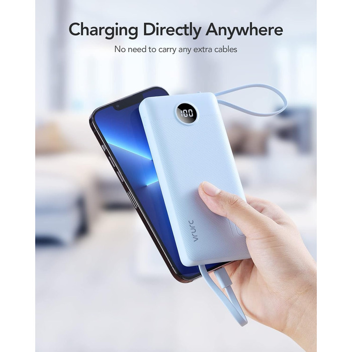 Power Bank VRURC 10000mAh з 4 кабелями: портативний акумулятор USB-C для iPhone, Huawei, Samsung та Android (синій)