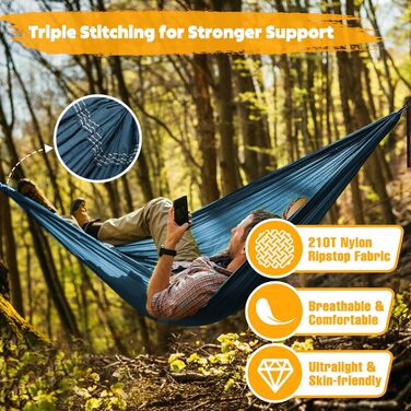 Гамак для кемпінгу NATUREFUN - легкий, міцний (300 кг), дихаючий, швидковисихаючий, з карабінами та шнурами. Ідеальний для відпочинку вдома, в саду чи на природі. Розмір: 275 x 140 см, колір: хакі/темно-синій