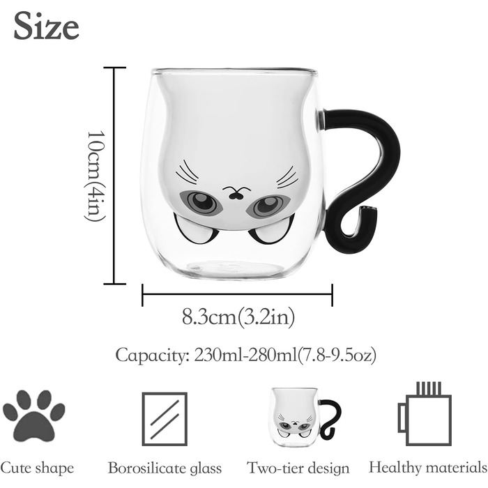 Set of 2 cute cat mugs, cute cat teacup, 250ml double-walled glass, cat mugs with handle, beer mugs, cute birthday gifts for women and men (pack of 2, black+white)