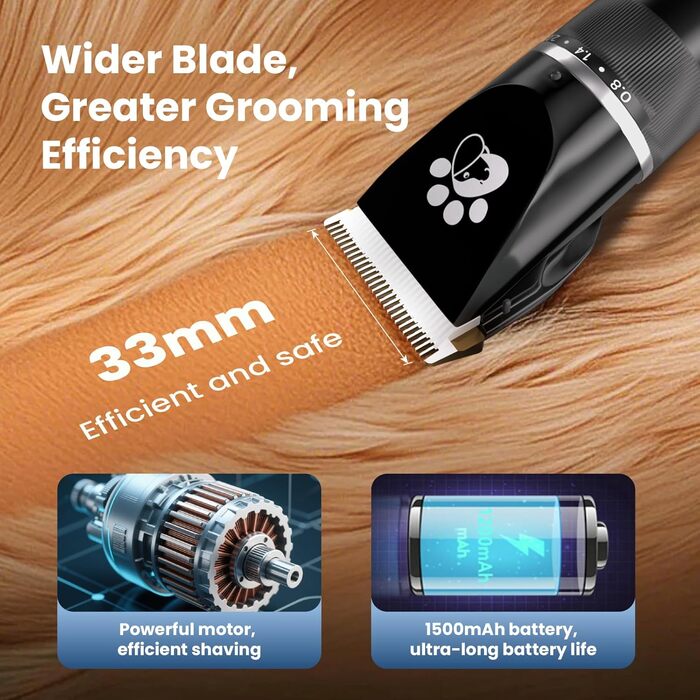Професійний собачий триммер для собак та котів, бездротовий, 2 швидкості, LED-дисплей, IPX5, для собак та котів середніх та малих порід