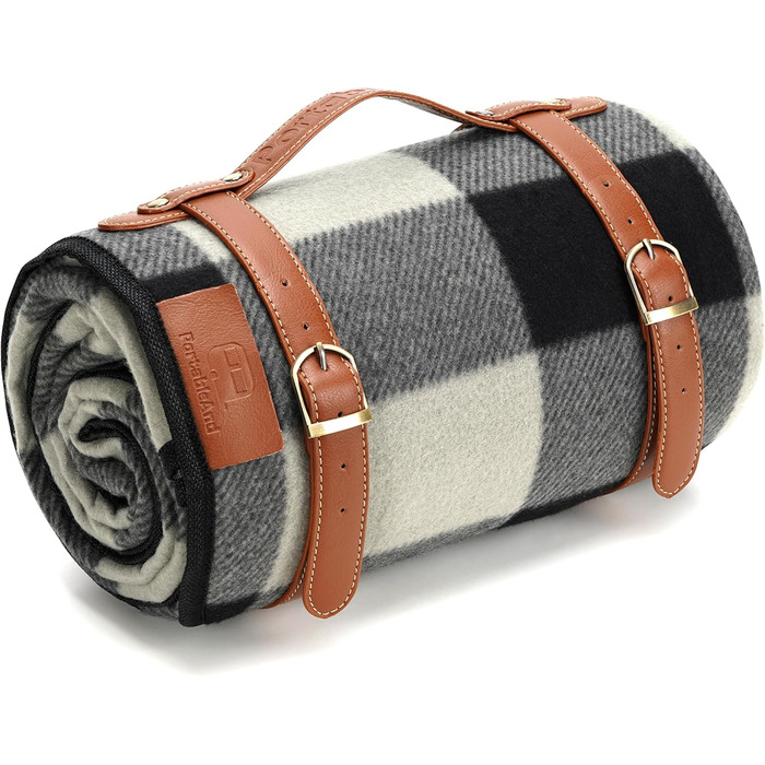 Переносний плед для пікніка 3-шаровий, м'який флісовий, водонепроникний, для пляжу, кемпінгу, сімейний, чорно-сірий в клітинку