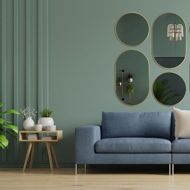 Овальне дзеркало HOKO Design для стін, 50 x 90 см, металевий каркас матового кольору. Можлива вертикальна та горизонтальна установка. Підходить для ванної кімнати, коридору, спальні, вітальні та їдальні. Розмір: 60 x 60 см, колір - золото.