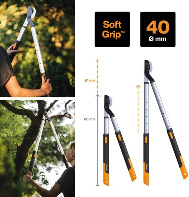 Секатор телескопічний Fiskars SmartFit L86 для свіжої деревини, антипригарне покриття, загартована сталь, довжина ручки 66-90 см, чорний/помаранчевий, 1013564
