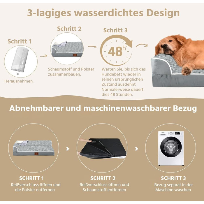 Ортопедичне ліжко для собак великих порід - водовідштовхуюче, з неслизьким дном та знімним чохлом (M: 71 x 58 x 17 см)
