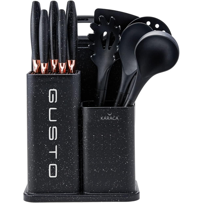 Набір ножів Karaca Gusto 12 предметів з дощечкою та кухонними аксесуарами. Ножі з нержавіючої сталі, ергономічні ручки. Чорний колір.