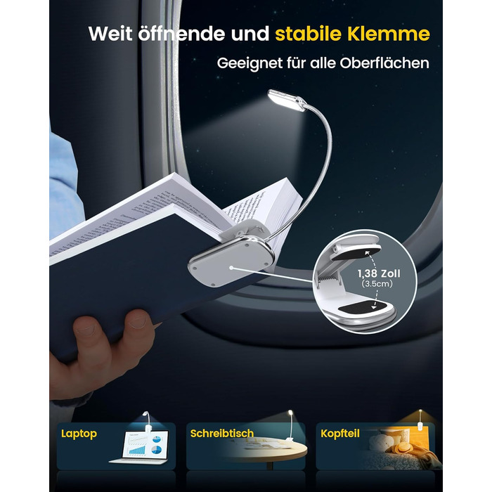 Glocusent Posh Premium Лампа для читання з кріпленням на книгу та таймером, 16 LED, акумулятор, час роботи 160 годин, 1800K, м'яке світло, 3 кольори та 5 рівнів яскравості, ідеально для читачів