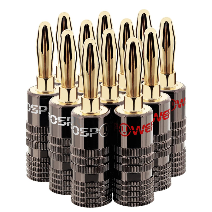 Позолочені бананові роз'єми FosPower для акустичних кабелів та сабвуфера, 24K золото, High-End, 24 шт (12 пар: 12 червоних та 12 білих)