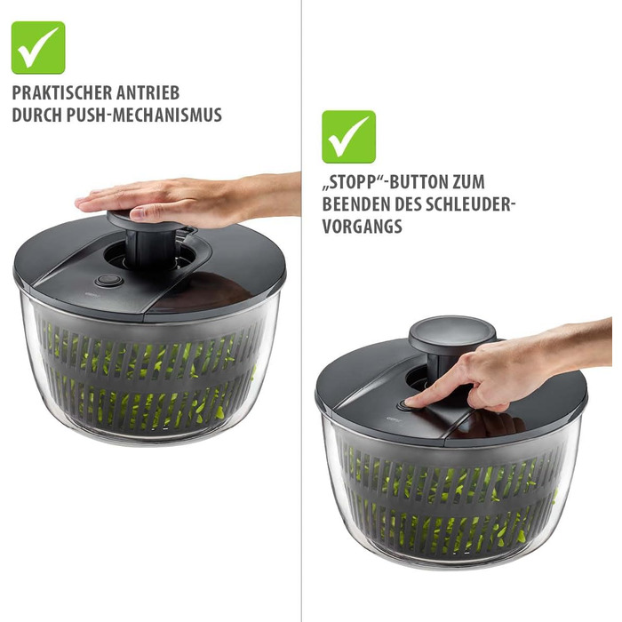 GEFU Салатоотжим - 5 л, з механізмом Push, вбудований виливний носик, кнопка зупинки, неслизький, придатний для миття в посудомийній машині (Чорний/Прозорий)