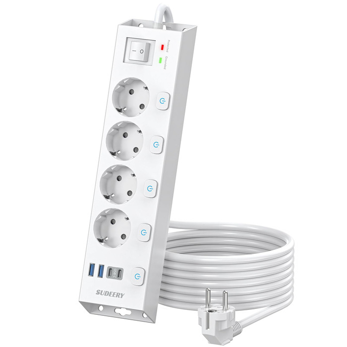 Мережевий фільтр Steckdoseleiste 5-фазний з індивідуальним вимикачем, захистом від перенапруги 1050J, для дому та офісу, кабель 2м (4 фази з USB, білий)