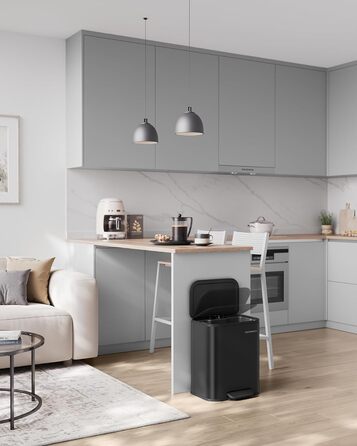 Відро для сміття SONGMICS 20 л з кришкою, з педаллю, нержавіюча сталь, Soft-Close, з внутрішнім відром, антиковзне педаль, хмарно-білий LTB542W02 (Чорний)