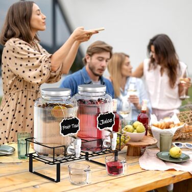 2 шт. скляні диспенсери для напоїв на 4 л з краном, металевий стійка та мірний стакан, для соку/коктейлів/трав'яного чаю, диспенсер для соку на вечірки та весілля