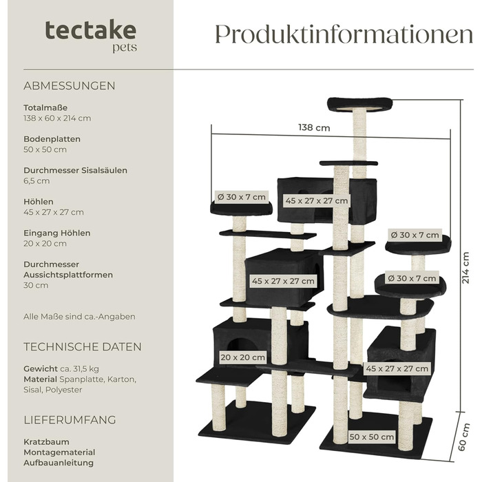 Тектейк® Кігтеточка для котів велика, кігтеточка з аксесуарами, XXL кігтеточка з 4 будиночками для котів, ігровий комплекс з кігтестолом, кігтевий стовп з сизалю, можливе кріплення до стіни - сірий (Чорний | № 403921)