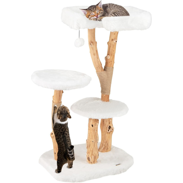 Дерев'яний кігтеточка для котів SOARS з 3-ма природними стовбурами, ліжко для котів та плюшеві поверхні, кігтеточка з іграшковим м'ячиком та джутовим мотузком, багатоповерхова, 59 x 49 x 110 см, білий колір