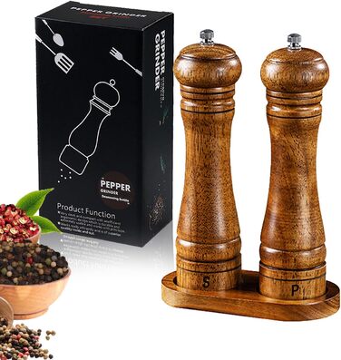 Двокомпозитна млинка для солі та перцю з дерева з підставкою, набір великих подрібнювачів спецій з регульованим керамічним механізмом для солі та перцю (21 см)