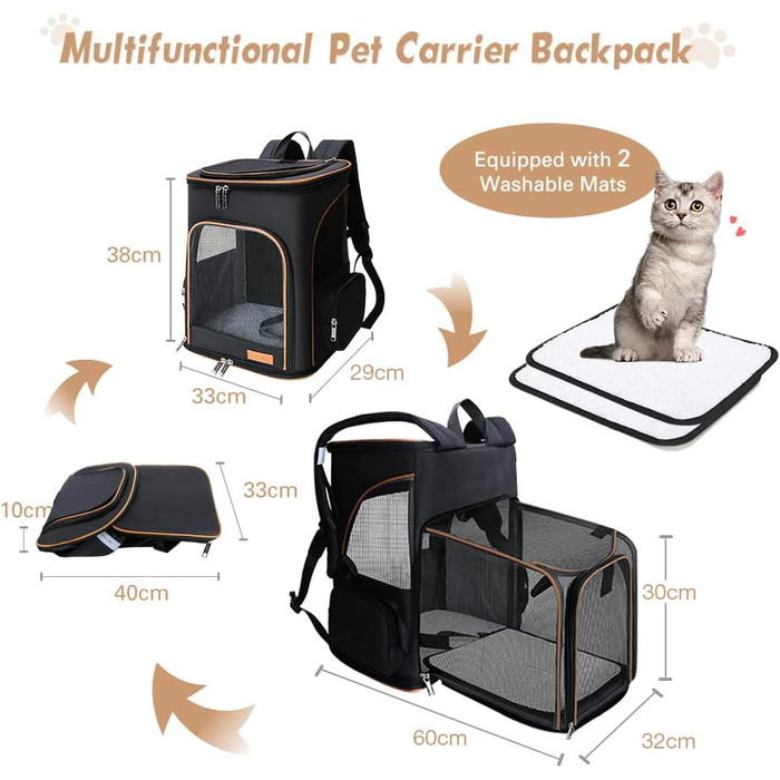 Розширюваний рюкзак для кота та собаки Lekesky, чорний, 33 x 29 x 38 см