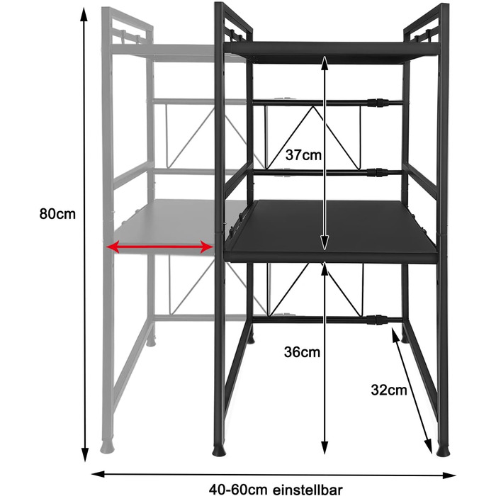 Expandable Microwave Shelf with 8 Hooks, 3-Tier Microwave Stand Freestanding Shelf Microwave Holder Baker's Rack Organizer for Kitchen Countertops, Black