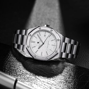 Годинник SAPPHERO для чоловіків: класичні кварцові годинники з нержавіючої сталі, водонепроникні 50M, з календарем. Елегантний подарунок для чоловіків. Срібний колір, білий циферблат.