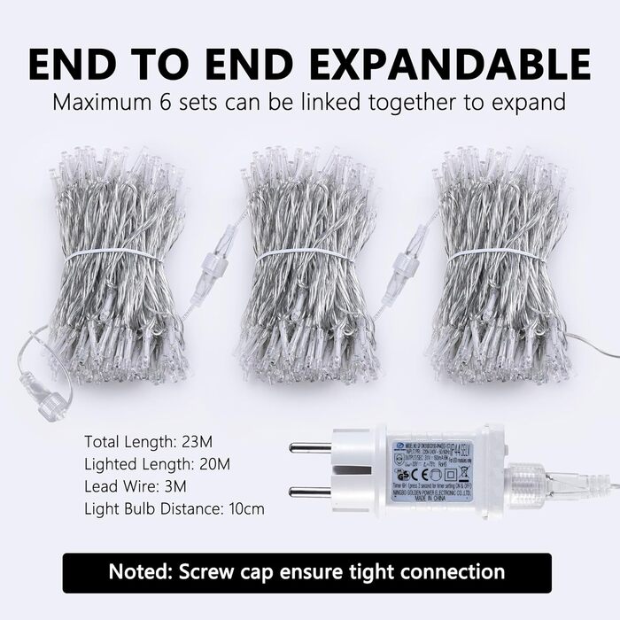 Льонокомірка LED 200 шт., 20 м, на батарейках з таймером, 8 режимів, вологостійка, тепле біле світло, для декору саду, вечірки, весілля, внутрішнього та зовнішнього використання, прозорий кабель