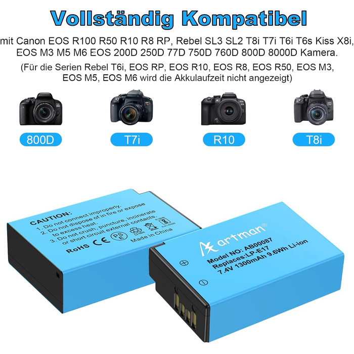 Акумулятор LP-E17 1300mAh та зарядний пристрій LED Dual USB для Canon Rebel SL3, SL2, T8i, T7i, T6i, T6s, EOS R10, R50, R8, RP, M3, M5, M6, 200D, 77D, 750D, 760D, 800D, 8000D (2 шт.)