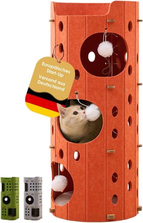 Котяча кігтеточка преміум-класу з 4 ярусами та 3 будиночками, філц, 90 см, зелений (помаранчевий), 35x35x90 см