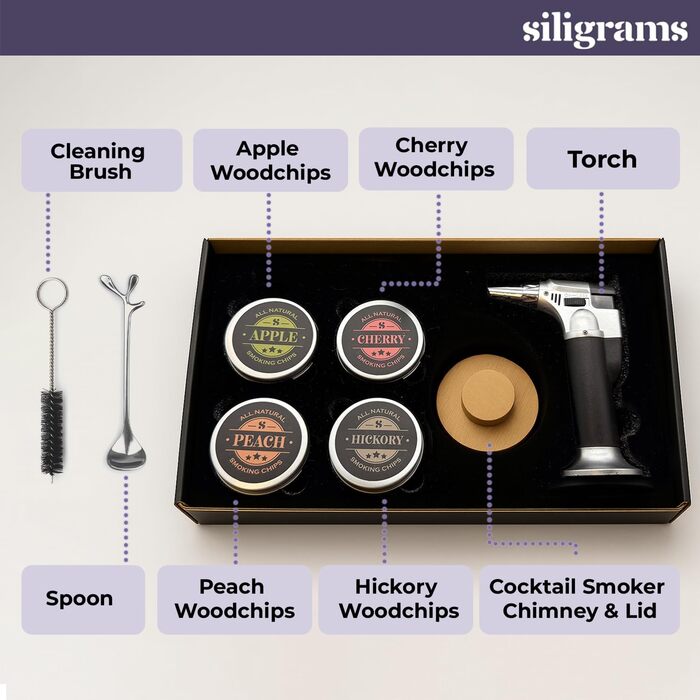 Набір для копчення напоїв Siligrams Cocktail, преміум-якість, для віскі, коктейлів, з бутановою факелом та стружкою, Smoker Drink Kit