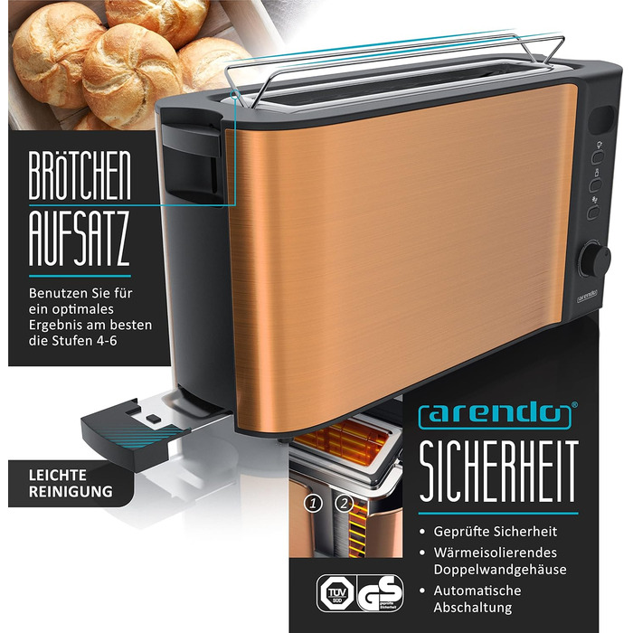 Набір чайник та тостер Rendo з нержавіючої сталі та міді: чайник 1.5л з контролем температури та функцією підтримки тепла, тостер на 4 тости з дисплеєм та 6 рівнями підсмажування, підставка для бургерів